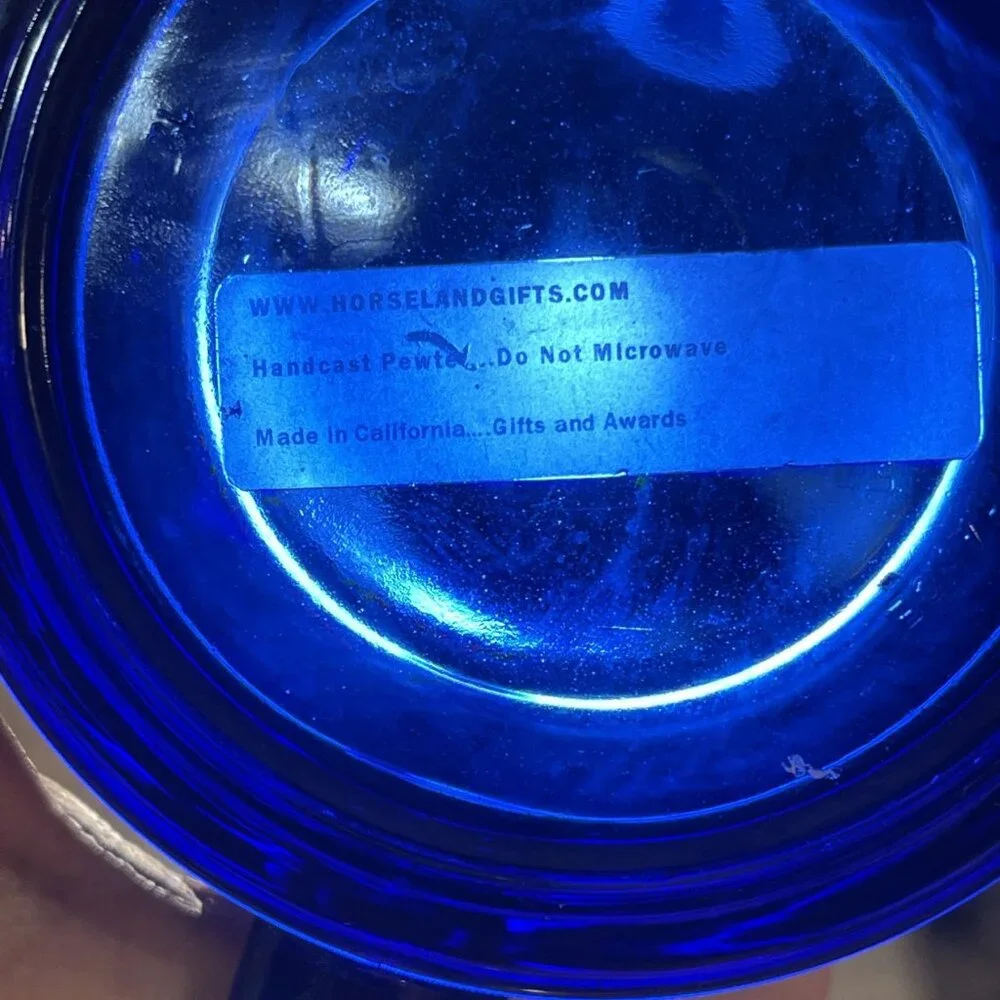 Hand Cast USA Pewter Plaque - Cobalt Blue Glass Cup Made In France Del Mar Horse
